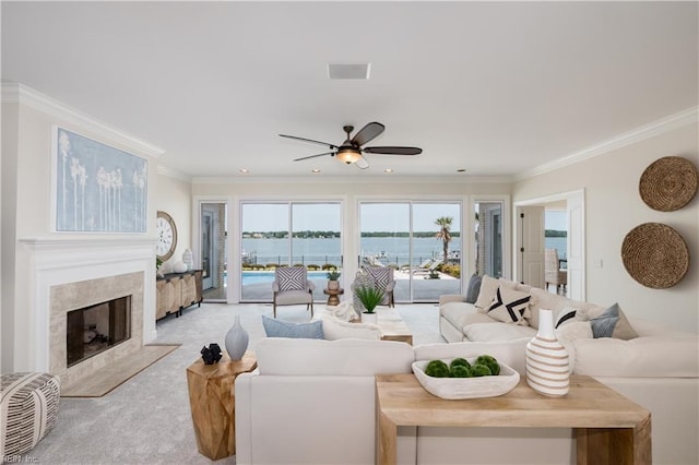 2365 Haversham Close Close, Virginia Beach, VA 23454 - living area featuring ceiling fan, crown molding, a water view, light carpet, and a fireplace