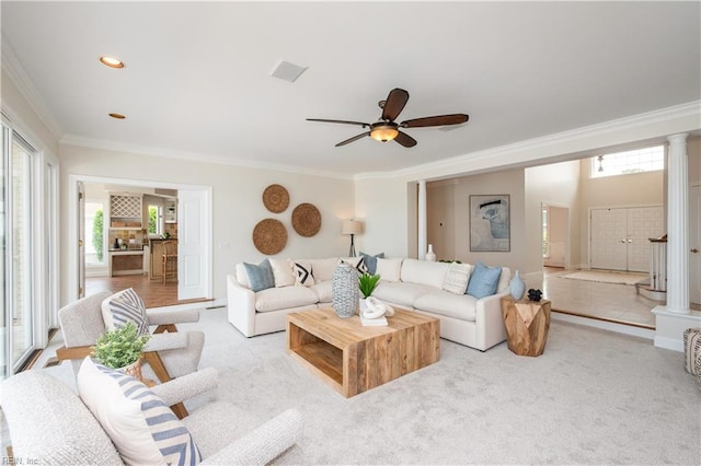 2365 Haversham Close Close, Virginia Beach, VA 23454 - living room with decorative columns, ornamental molding, a ceiling fan, and light carpet