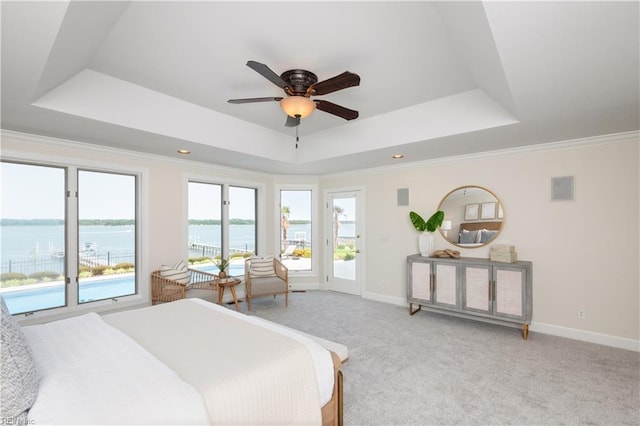 2365 Haversham Close Close, Virginia Beach, VA 23454 - bedroom with a raised ceiling, access to outside, a water view, light colored carpet, and baseboards