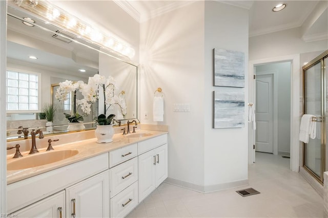 2365 Haversham Close Close, Virginia Beach, VA 23454 - full bathroom with ornamental molding, double vanity, a shower stall, baseboards, and recessed lighting