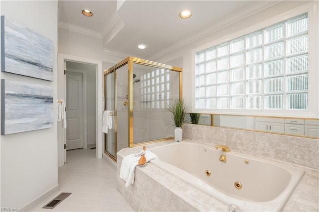 2365 Haversham Close Close, Virginia Beach, VA 23454 - bathroom featuring ornamental molding, a tub with jets, a stall shower, recessed lighting, and baseboards