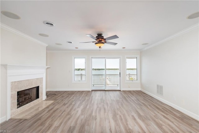 2365 Haversham Close Close, Virginia Beach, VA 23454 - unfurnished living room featuring ceiling fan, baseboards, light wood-type flooring, crown molding, and a high end fireplace