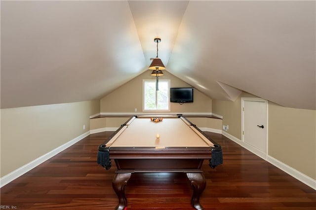2365 Haversham Close Close, Virginia Beach, VA 23454 - rec room with dark wood-style flooring, baseboards, vaulted ceiling, and pool table