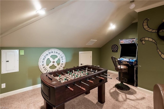 2365 Haversham Close Close, Virginia Beach, VA 23454 - rec room with electric panel, lofted ceiling, carpet flooring, and baseboards