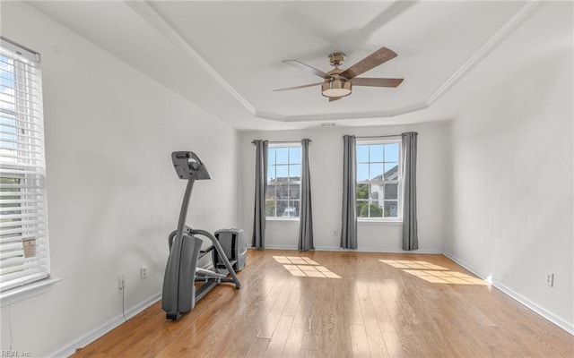 2129 Bierce Dr, Virginia Beach, VA 23454 - exercise area featuring a tray ceiling, a ceiling fan, light wood-type flooring, and baseboards