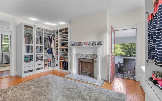 5312 Studeley Ave, Norfolk, VA 23508 - living area with a fireplace with flush hearth, radiator, hardwood / wood-style flooring, and healthy amount of natural light