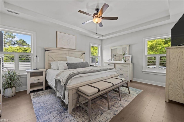 909 Los Colonis Dr, Virginia Beach, VA 23456 - bedroom featuring a raised ceiling, multiple windows, dark wood-style floors, and baseboards