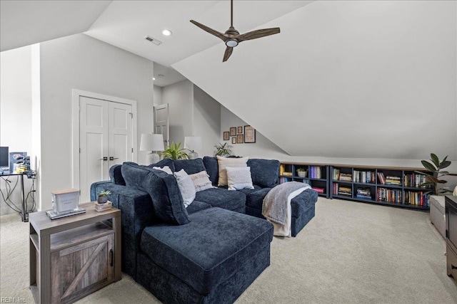 909 Los Colonis Dr, Virginia Beach, VA 23456 - living room featuring carpet flooring, lofted ceiling, a ceiling fan, and recessed lighting