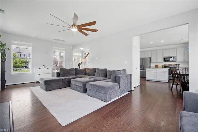 637 Wood Nymph Ln, Chesapeake, VA 23323 - living area with ceiling fan, dark wood-style flooring, stairway, and recessed lighting