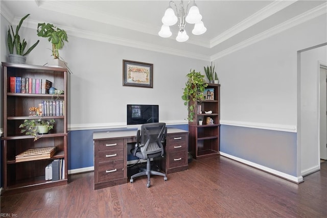637 Wood Nymph Ln, Chesapeake, VA 23323 - office with wood finished floors, a chandelier, a tray ceiling, baseboards, and ornamental molding