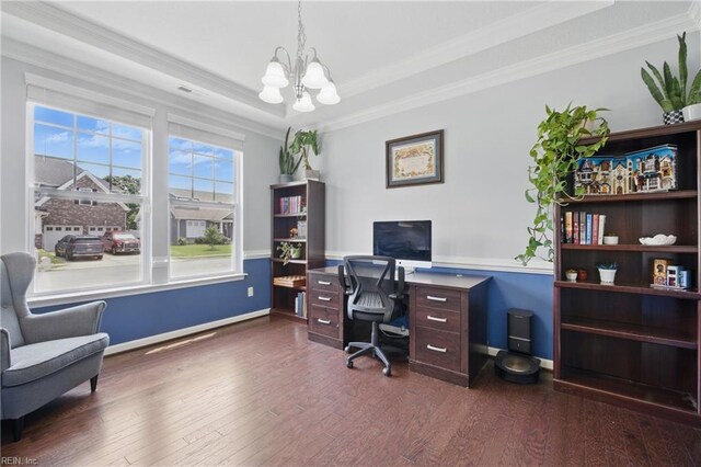 637 Wood Nymph Ln, Chesapeake, VA 23323 - home office featuring a chandelier, dark wood-style floors, crown molding, a raised ceiling, and baseboards