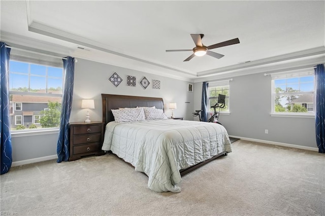 637 Wood Nymph Ln, Chesapeake, VA 23323 - bedroom featuring a tray ceiling, baseboards, carpet flooring, ornamental molding, and ceiling fan