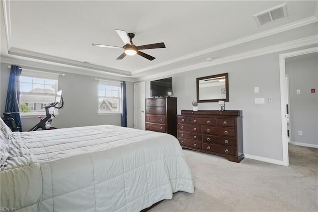 637 Wood Nymph Ln, Chesapeake, VA 23323 - bedroom with a raised ceiling, crown molding, light carpet, baseboards, and a ceiling fan