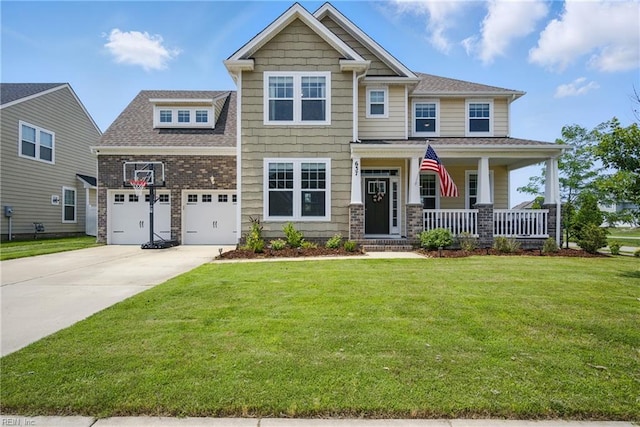 637 Wood Nymph Ln, Chesapeake, VA 23323 - craftsman-style home featuring a porch, concrete driveway, an attached garage, a front lawn, and a shingled roof