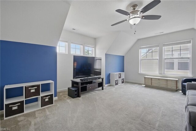 637 Wood Nymph Ln, Chesapeake, VA 23323 - living area with a ceiling fan, carpet flooring, vaulted ceiling, and baseboards