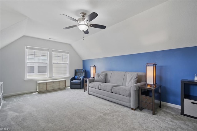 637 Wood Nymph Ln, Chesapeake, VA 23323 - carpeted living room featuring lofted ceiling, ceiling fan, and baseboards