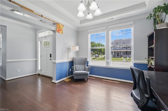 637 Wood Nymph Ln, Chesapeake, VA 23323 - office area with a tray ceiling, a chandelier, hardwood / wood-style flooring, crown molding, and baseboards