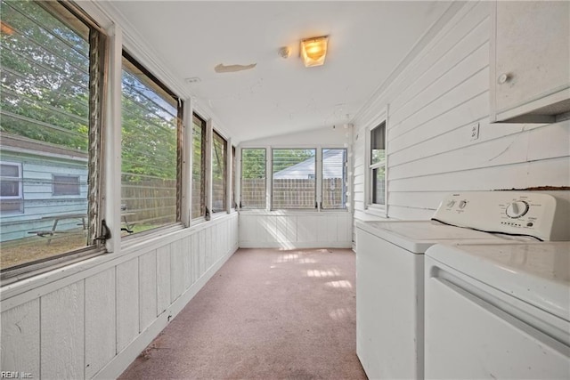 423 Cedar Dr, Hampton, VA 23669 - laundry area with light colored carpet, separate washer and dryer, and a decorative wall
