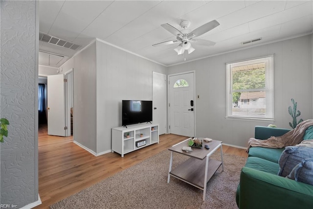 423 Cedar Dr, Hampton, VA 23669 - living area featuring attic access, wood finished floors, ceiling fan, ornamental molding, and baseboards