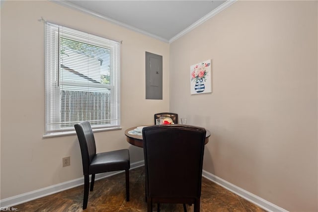 423 Cedar Dr, Hampton, VA 23669 - dining space with electric panel, ornamental molding, baseboards, and dark stone finish flooring