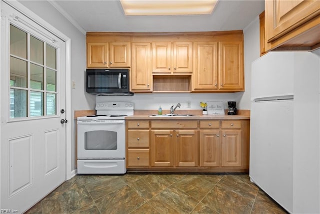 423 Cedar Dr, Hampton, VA 23669 - kitchen featuring white appliances, a sink, stone finish flooring, light countertops, and crown molding