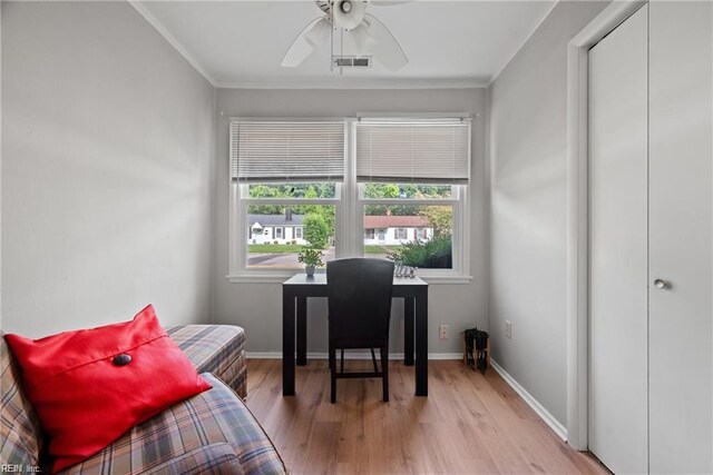 423 Cedar Dr, Hampton, VA 23669 - office space featuring light wood-style floors, a ceiling fan, baseboards, and ornamental molding