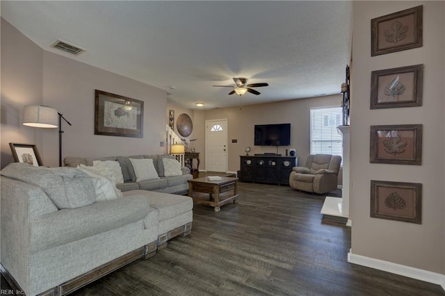 1808 Kensal Green Dr, Virginia Beach, VA 23456 - living room featuring a ceiling fan, baseboards, and dark wood finished floors
