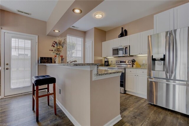 1808 Kensal Green Dr, Virginia Beach, VA 23456 - kitchen featuring appliances with stainless steel finishes, light stone counters, dark wood-type flooring, white cabinetry, and recessed lighting
