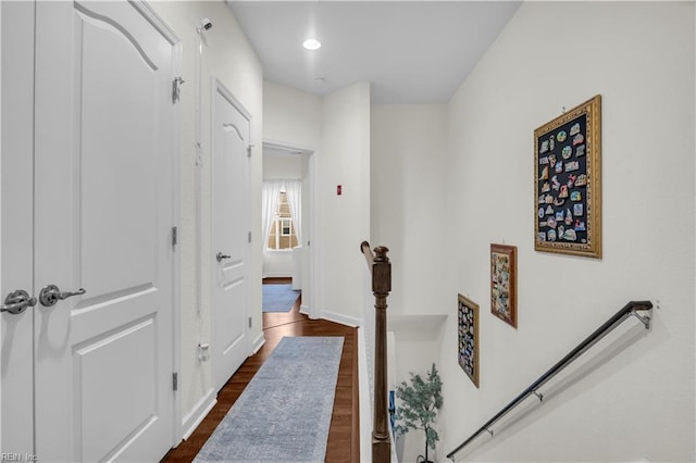 245 Feldspar St, Virginia Beach, VA 23462 - hallway with an upstairs landing, dark wood-style flooring, baseboards, and recessed lighting