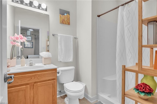 245 Feldspar St, Virginia Beach, VA 23462 - bathroom with toilet, vanity, curtained shower, and tile patterned floors