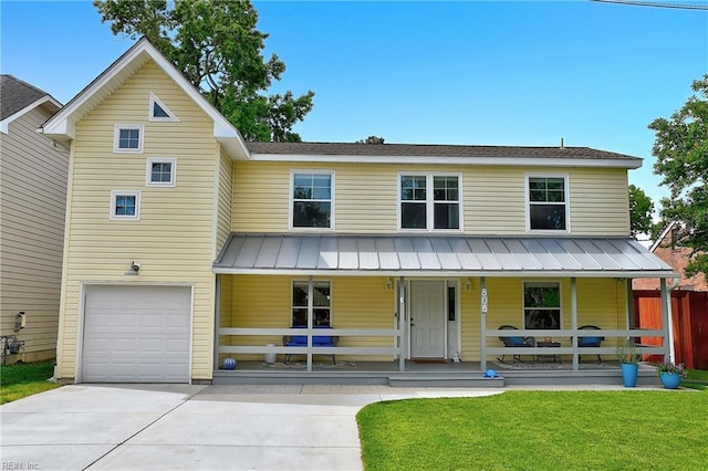808 High Point Ave, Virginia Beach, VA 23451 - view of front facade featuring a porch, a standing seam roof, driveway, metal roof, and a garage