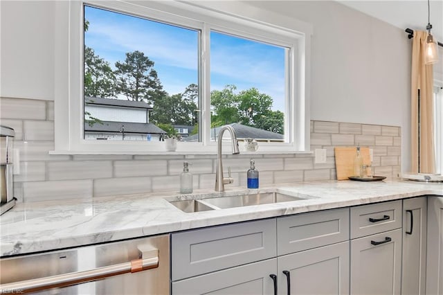 808 High Point Ave, Virginia Beach, VA 23451 - kitchen with gray cabinetry, a sink, tasteful backsplash, and stainless steel dishwasher