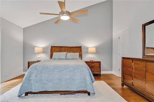 808 High Point Ave, Virginia Beach, VA 23451 - bedroom featuring high vaulted ceiling, baseboards, wood finished floors, and a ceiling fan