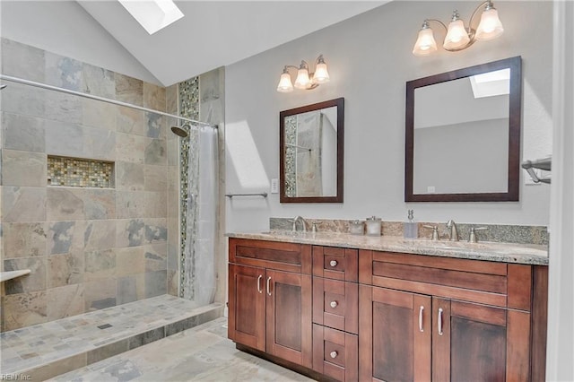 808 High Point Ave, Virginia Beach, VA 23451 - bathroom with a skylight, double vanity, lofted ceiling, and a tile shower