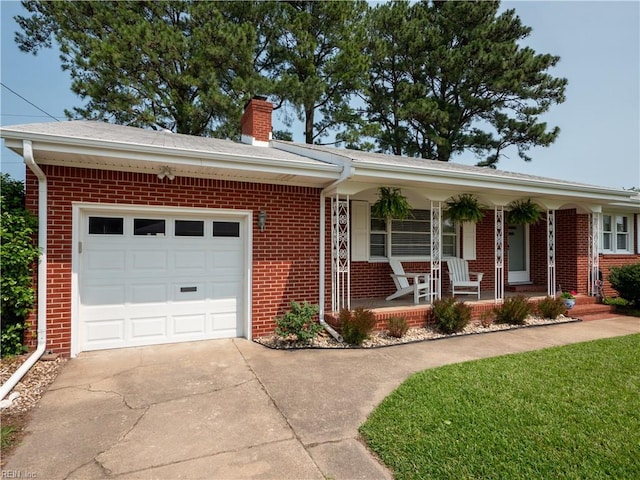 2522 Jasper Ct, Norfolk, VA 23518 - ranch-style home featuring brick siding, a porch, an attached garage, driveway, and a chimney