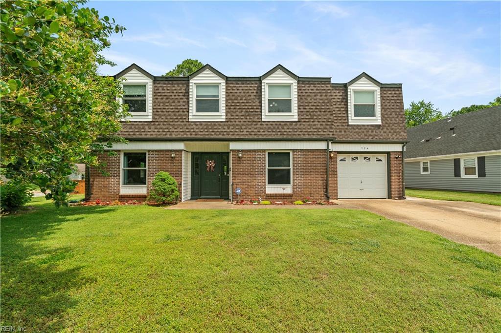 724 Bishop Dr, Virginia Beach, VA 23455 - view of property featuring brick siding, roof with shingles, concrete driveway, and a front yard