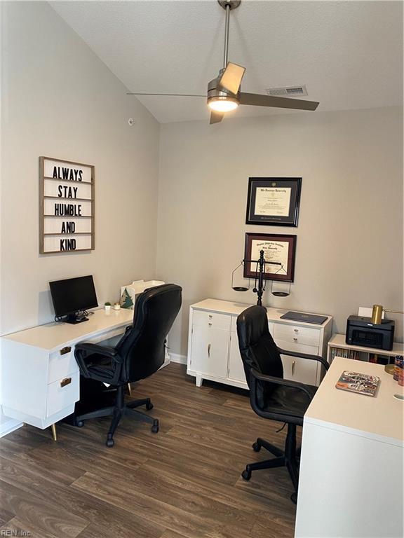 1010 Kings Land Ct, Williamsburg, VA 23185 - office space featuring dark wood-style flooring and a ceiling fan
