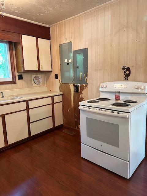 5216 Hemlock Rd, Quinton, VA 23141 - kitchen featuring white electric stove, a sink, dark wood-style flooring, white cabinets, and electric panel