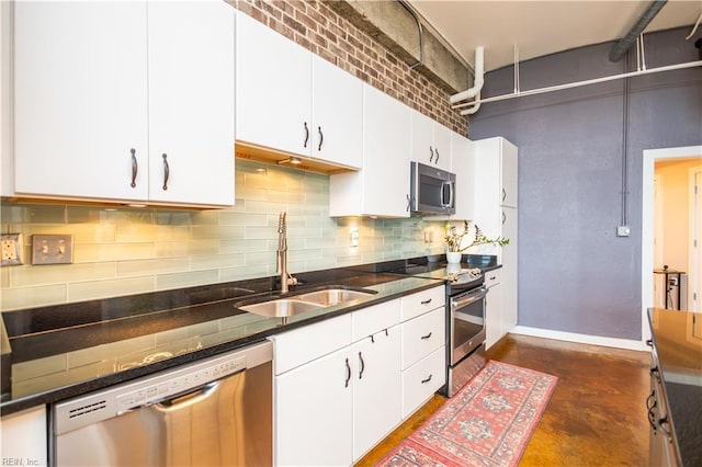 415 Saint Pauls Blvd Unit 702, Norfolk, VA 23510 - kitchen featuring stainless steel appliances, a sink, tasteful backsplash, white cabinets, and finished concrete flooring