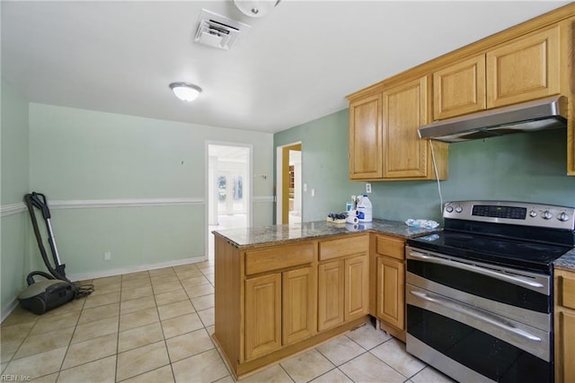 3555 Heutte Dr, Norfolk, VA 23518 - kitchen featuring double oven range, under cabinet range hood, a peninsula, light tile patterned floors, and dark stone counters