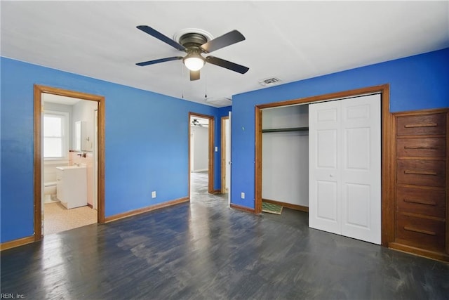 3555 Heutte Dr, Norfolk, VA 23518 - unfurnished bedroom with baseboards, a closet, wood finished floors, a ceiling fan, and ensuite bath