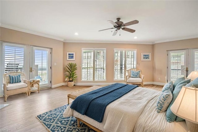 3248 Page Ave Unit 203, Virginia Beach, VA 23451 - bedroom with access to exterior, crown molding, baseboards, wood finished floors, and recessed lighting