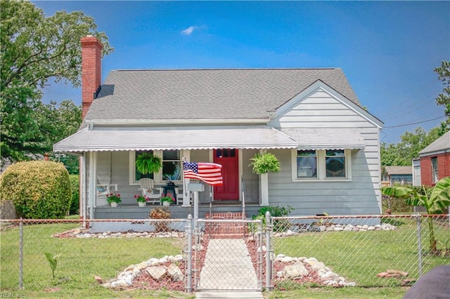 327 Brightwood Ave, Hampton, VA 23661 - bungalow featuring a porch, a gate, a chimney, and roof with shingles