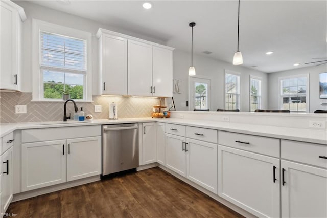 1906 Briton Ln, Chesapeake, VA 23322 - kitchen featuring stainless steel dishwasher, a sink, recessed lighting, dark wood-style flooring, and backsplash