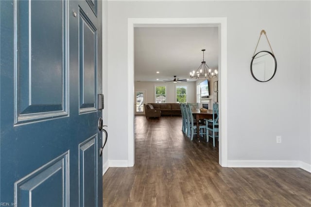 1906 Briton Ln, Chesapeake, VA 23322 - entrance foyer featuring baseboards, a chandelier, dark wood-style flooring, and ceiling fan