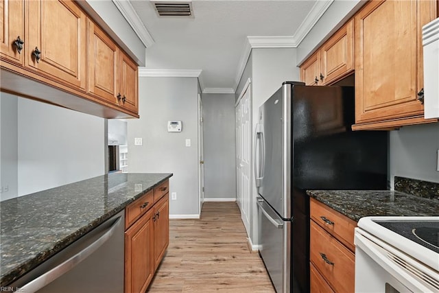 915 Spinnaker Ct, Chesapeake, VA 23320 - kitchen with light wood-type flooring, ornamental molding, dishwasher, brown cabinets, and dark stone counters