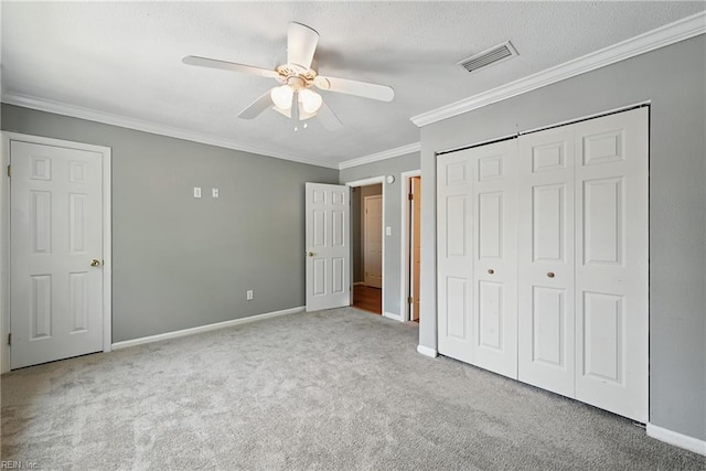 915 Spinnaker Ct, Chesapeake, VA 23320 - unfurnished bedroom with carpet, baseboards, ornamental molding, a closet, and ceiling fan