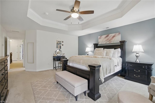 2685 Robert Monette Ln, Virginia Beach, VA 23456 - bedroom with a raised ceiling, light carpet, crown molding, baseboards, and ceiling fan