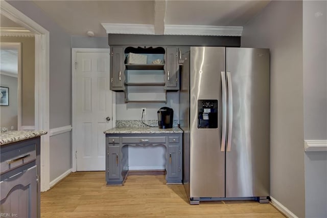 405 Bartell Dr, Chesapeake, VA 23322 - kitchen featuring stainless steel refrigerator with ice dispenser, light wood-style floors, crown molding, and baseboards