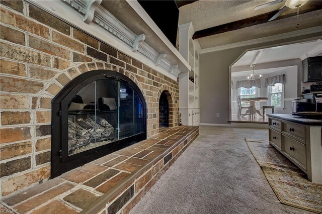 405 Bartell Dr, Chesapeake, VA 23322 - detailed view of carpet flooring, a textured ceiling, crown molding, ceiling fan, and baseboards